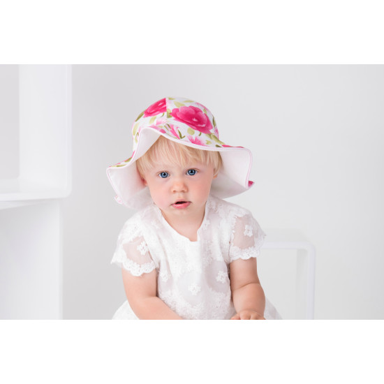 Детска лятна шапка за момиче с цветя и панделка в синьо Jamiks