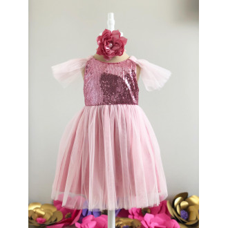 Dress with sequins and tulle sleeves in pink